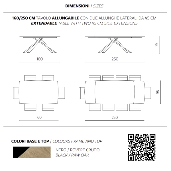 Mesa extensible FLOYD de 250 cm con tapa de roble crudo