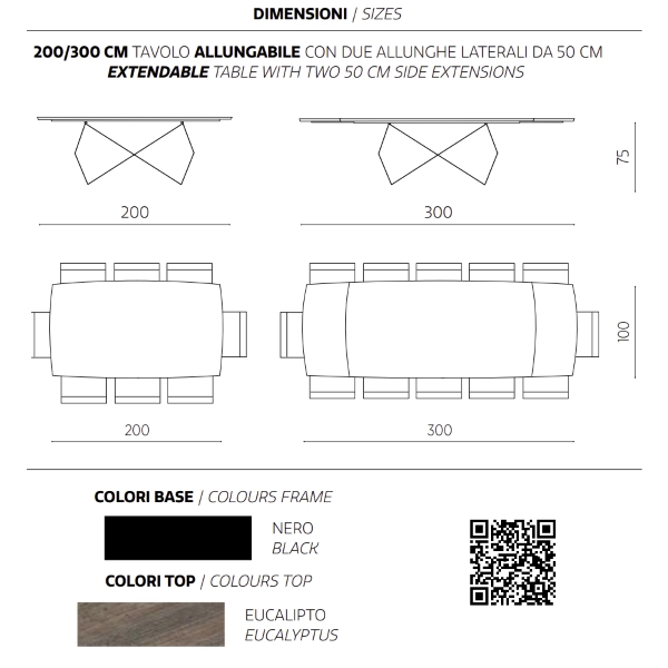 Mesa extensible de 300 cm con base de metal negro y tapa WALL de Eucalipto