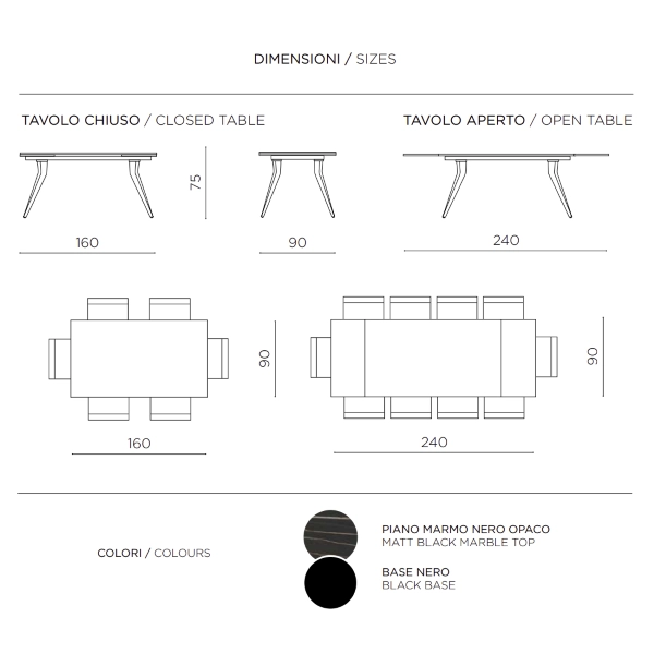 Mesa extensible THOR de 240 cm con base de metal y tapa efecto mármol negro