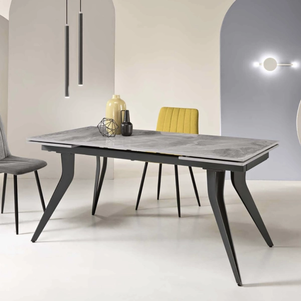 Mesa extensible THOR de 240 cm con base de metal y tapa efecto mármol gris