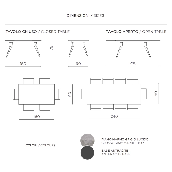 Mesa extensible THOR de 240 cm con base de metal y tapa efecto mármol gris
