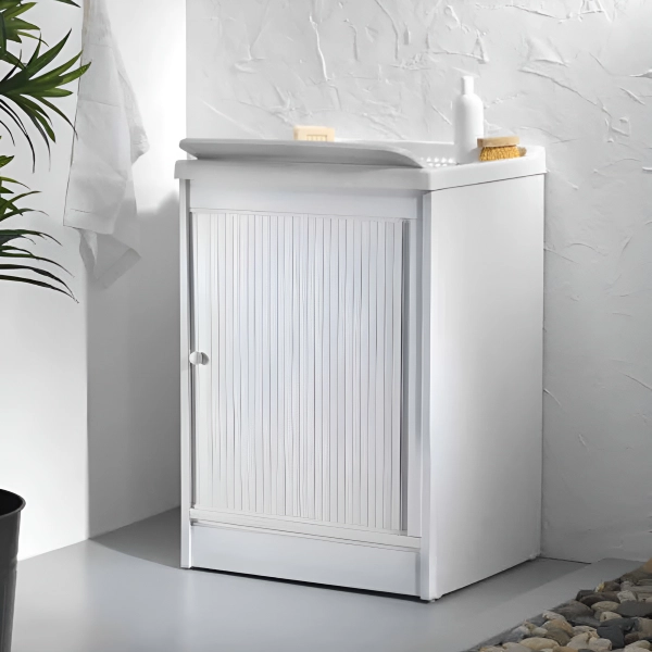 Meuble lavabo volet roulant PVC blanc 60x60 cm avec cuve en résine
