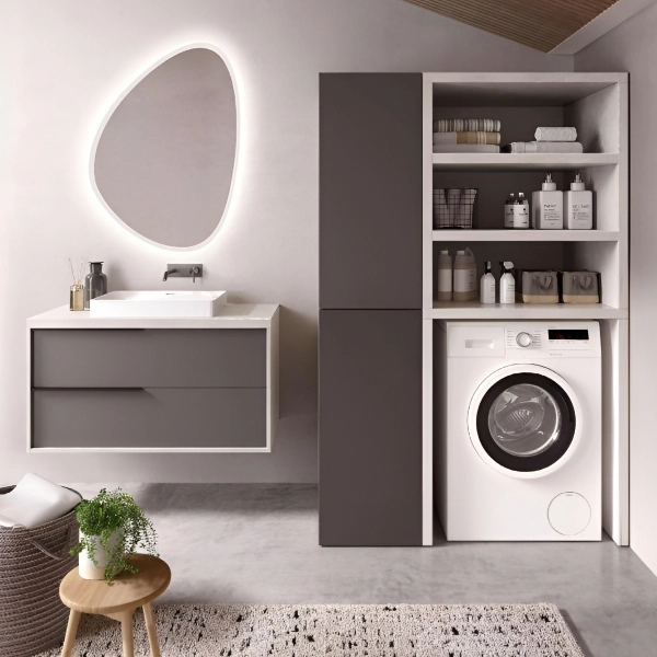 Meuble Machine à Laver en Bois 119x182h cm avec Étagères et Colonne – Graphite/Gris
