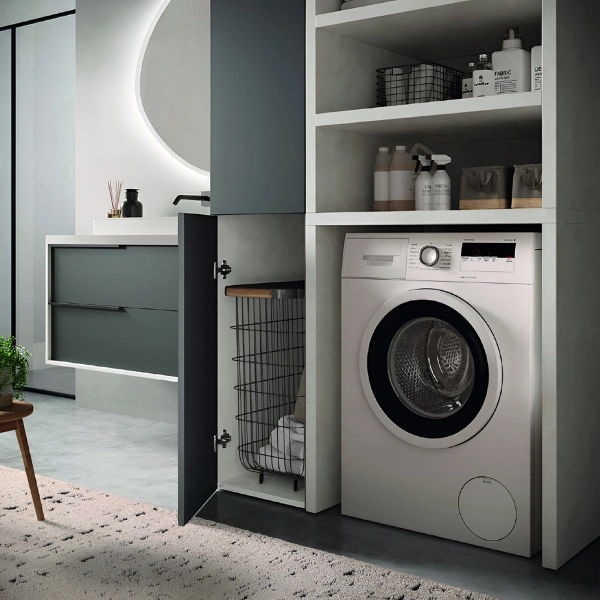 Meuble Machine à Laver en Bois 119x182h cm avec Étagères et Colonne – Graphite/Gris