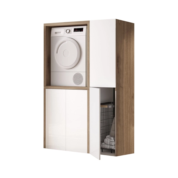 Meuble Double Machine à Laver en Bois 119x182h cm avec Colonne – Blanc/Noyer