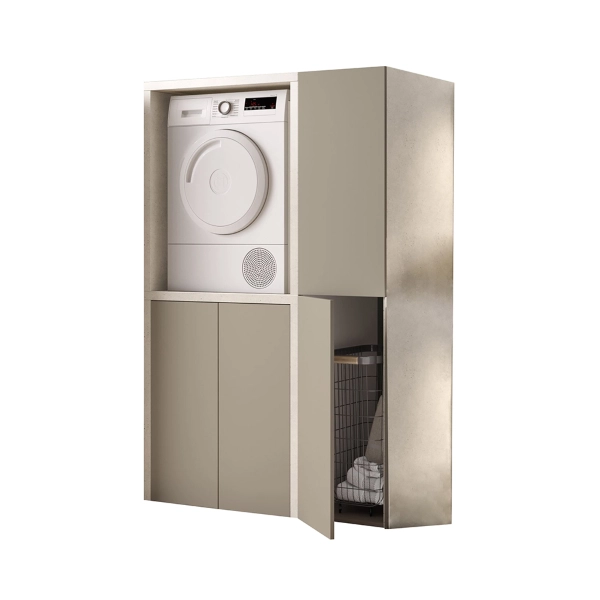 Meuble Machine à Laver et Colonne Buanderie 119x182h cm en Bois – Gris Tourterelle/Pierre