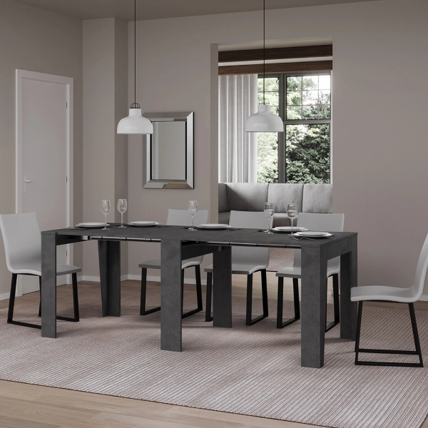 Table console extensible moderne DEVA Anthracite avec rallonges internes, 10 places