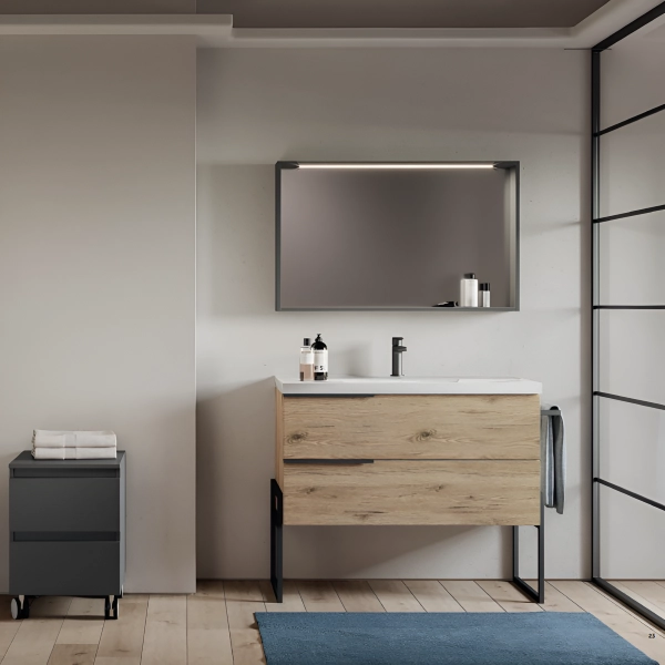 Meuble de salle de bain suspendu 102 cm Chêne Naturel avec vasque en céramique - FEBE2