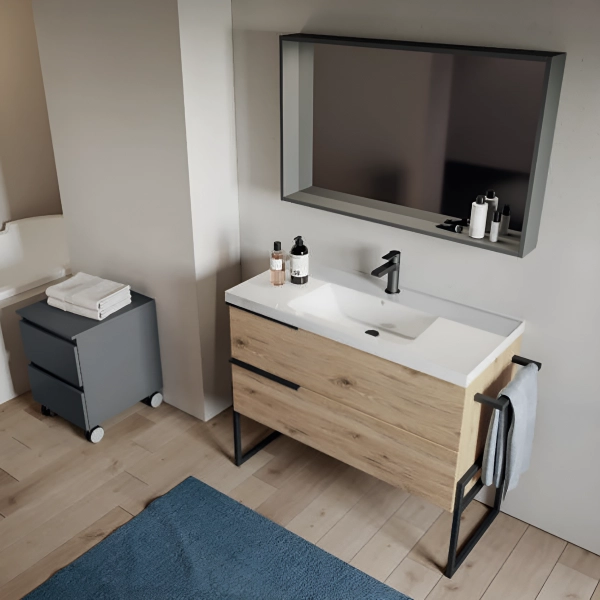 Meuble de salle de bain suspendu 102 cm Chêne Naturel avec vasque en céramique - FEBE2