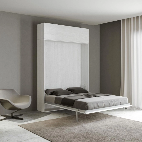 Letto a scomparsa con pensile Bianco Frassino matrimoniale 160 cm KENTARO