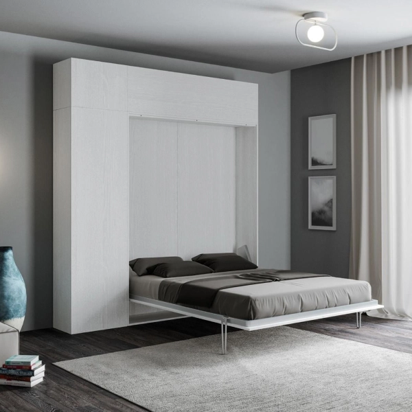 Letto a scomparsa con mobili una piazza e mezza 120 cm KENTARO Bianco Frassino