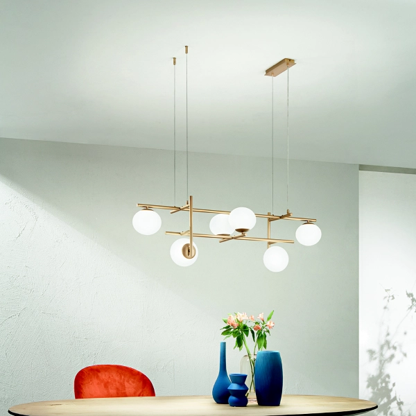 Lámpara colgante JEWEL de metal y vidrio soplado 6 luces horizontal Oro 115 cm