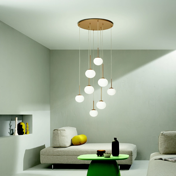 Lampe à suspension JEWEL en métal et verre soufflé 8 Lumières Doré 70 cm