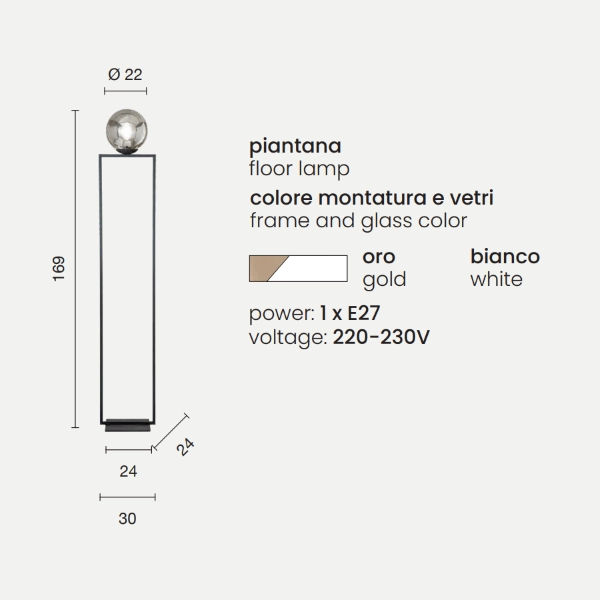 Lampadaire H169 cm en métal Doré et diffuseur en verre blanc SHIRLEY