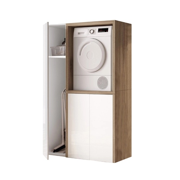 Meuble Machine à Laver Moderne en Bois 119x182h cm avec Colonne Balai – Blanc/Noyer