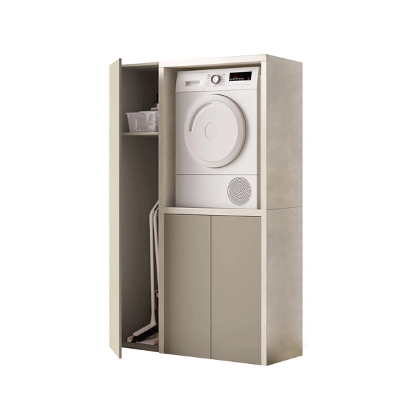 Meuble Machine à Laver en Bois 119x182h cm avec Colonne Balai – Gris Tourterelle/Pierre
