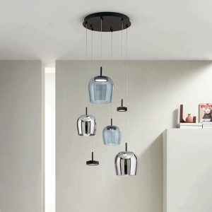 Suspension NINA 6 lumières LED en métal noir et verre coloré 45 cm