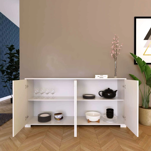Aparador de madera con 4 puertas y 2 compartimentos con baldas 172 cm KYLA Blanco Brillo