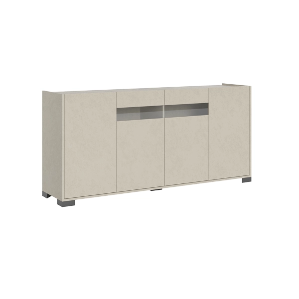 ROJAS Aparador de madera gris con 4 puertas con inserto de cristal ahumado 172 cm