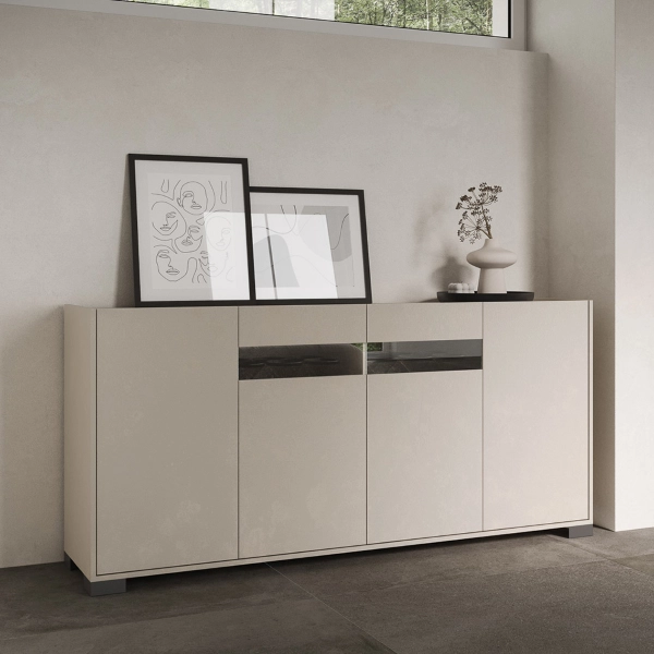ROJAS Aparador de madera gris con 4 puertas con inserto de cristal ahumado 172 cm