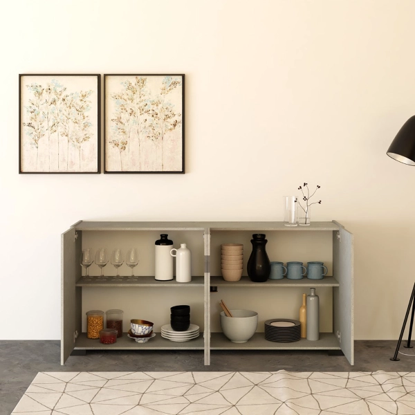 ROJAS Aparador de madera gris con 4 puertas con inserto de cristal ahumado 172 cm