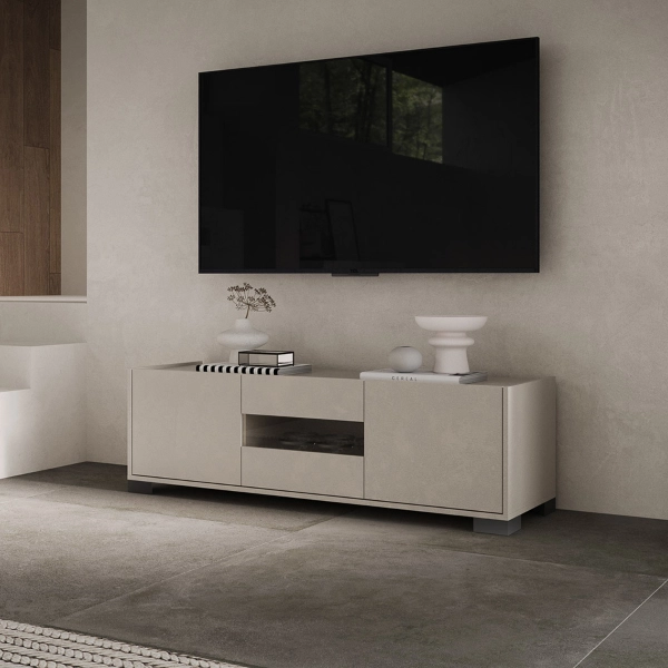 ROJAS Mueble TV 3 puertas gris con inserto de cristal ahumado 130x40 cm
