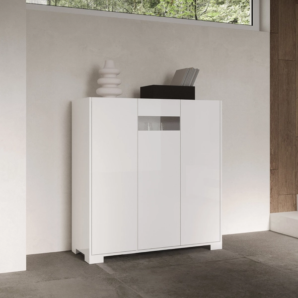 Buffet 3 portes ROJAS blanc brillant avec insert en verre fumé 103x110 cm