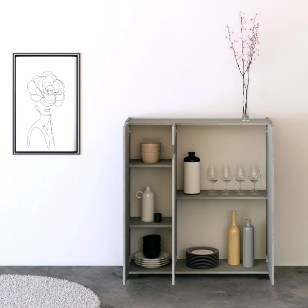 ROJAS Aparador gris de 3 puertas con inserción de cristal ahumado 103x110 cm