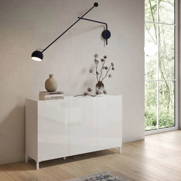 Aparador de madera de 130 cm con 3 puertas y 2 compartimentos con estantes en Blanco Brillo HARAS