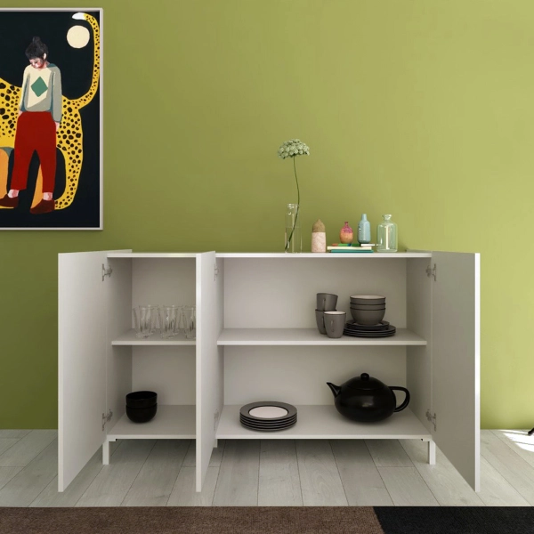 Aparador de madera de 130 cm con 3 puertas y 2 compartimentos con estantes en Blanco Brillo HARAS