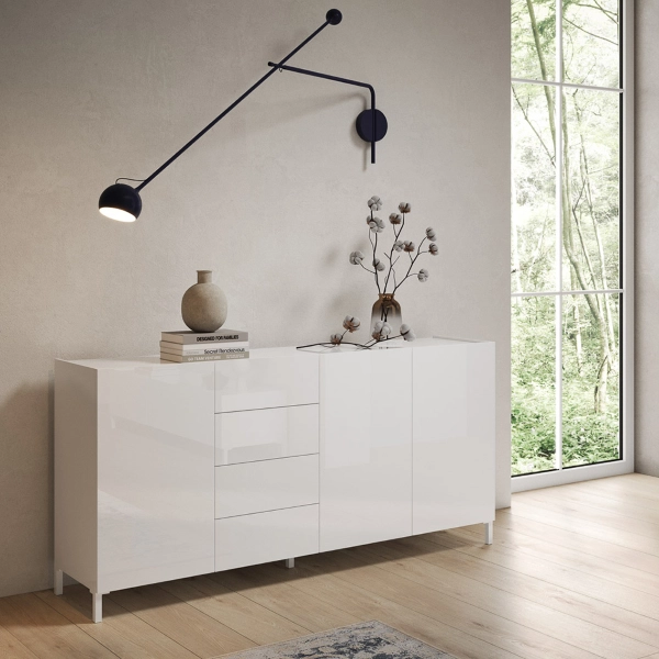 Aparador de madera HARAS 174 cm con 3 puertas y 4 cajones en Blanco Brillo
