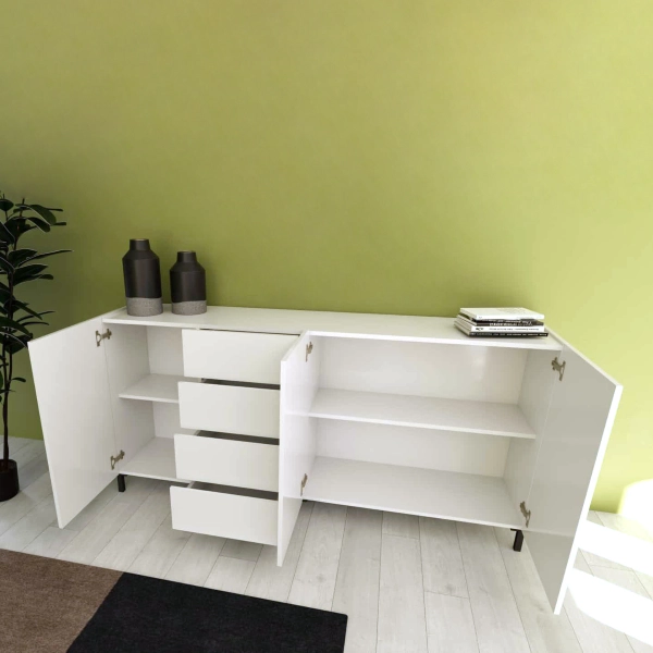 Aparador de madera HARAS 174 cm con 3 puertas y 4 cajones en Blanco Brillo