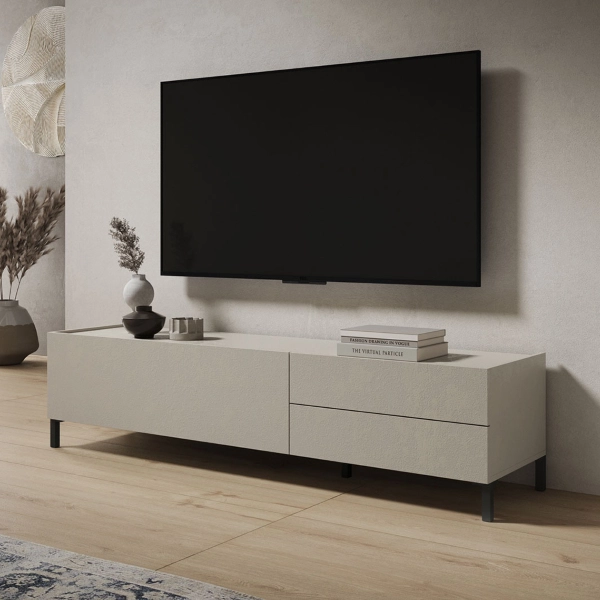 Mueble TV de madera 160x40 cm con puerta abatible y 2 cajones HARAS Gris