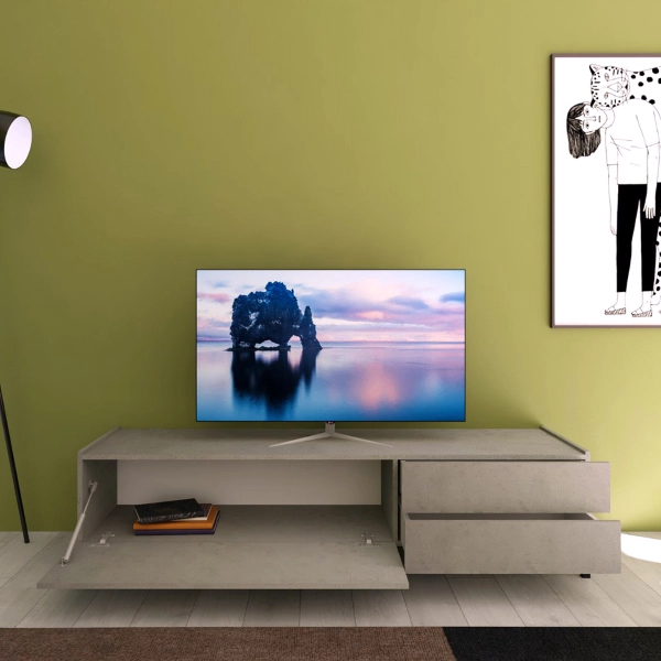 Mueble TV de madera 160x40 cm con puerta abatible y 2 cajones HARAS Gris