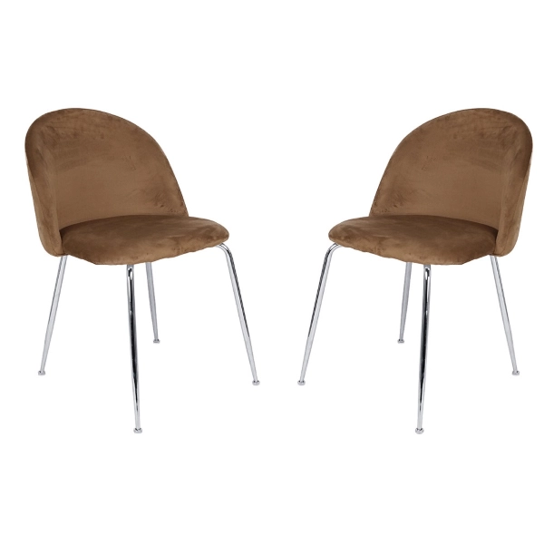 Chaise de salle à manger en velours marron pieds métal chromé - PARIS 2 chaises