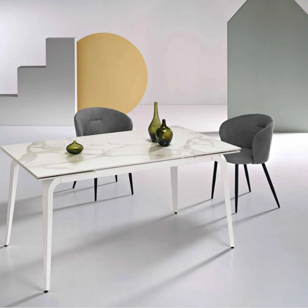 Mesa FELIX piedra efecto mármol blanco extensible hasta 240 cm