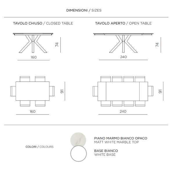 Mesa extensible hasta 240 cm en piedra efecto mármol Bianco SKY