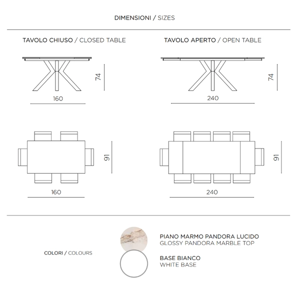 Mesa extensible hasta 240 cm en Pandora SKY efecto piedra mármol