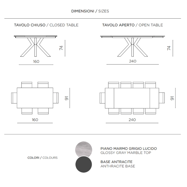 Mesa extensible hasta 240 cm en piedra efecto mármol Gris SKY