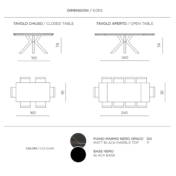 Mesa extensible hasta 240 cm en piedra efecto mármol negro SKY