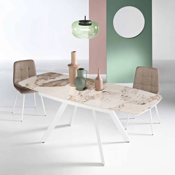 Mesa moderna extensible a 210 cm con base de metal y tapa Pandora TERENCE efecto mármol