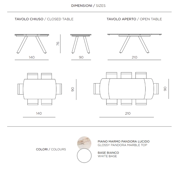 Mesa moderna extensible a 210 cm con base de metal y tapa Pandora TERENCE efecto mármol