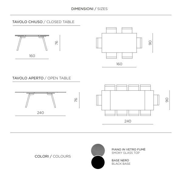 Mesa extensible hasta 240 cm con tapa de cristal ahumado y base de metal TAO