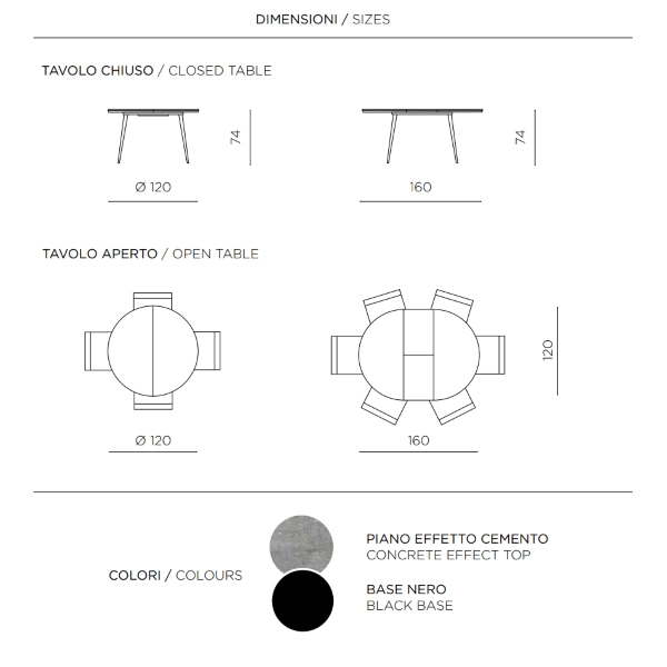 Mesa redonda HABLA con tapa de MDF Cemento extensible a 160 cm