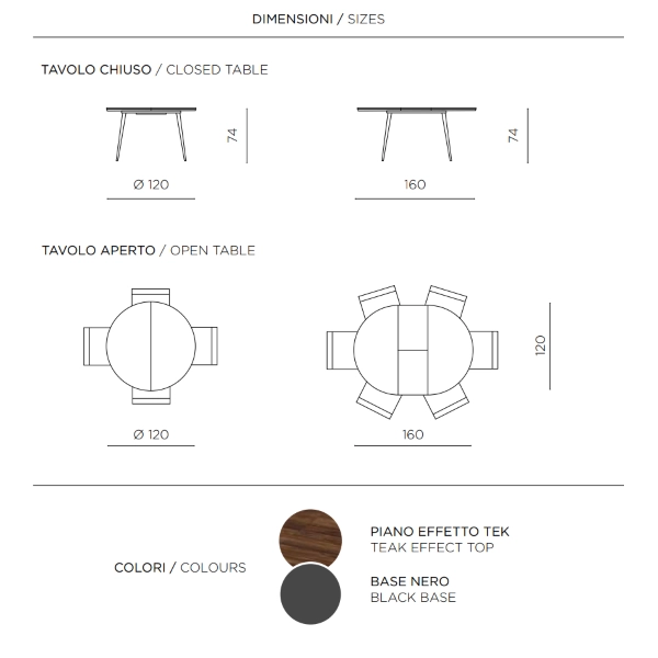 Mesa redonda HABLA con tapa de MDF Tek extensible hasta 160 cm