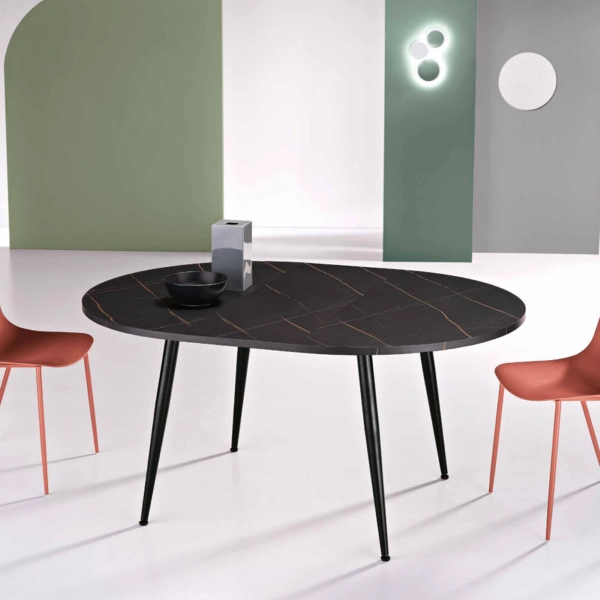 Mesa redonda HABLA con tapa de MDF efecto mármol negro extensible hasta 160 cm
