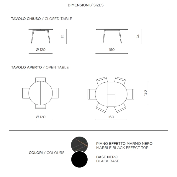 Mesa redonda HABLA con tapa de MDF efecto mármol negro extensible hasta 160 cm
