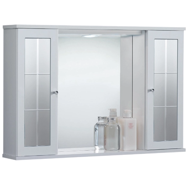 PLUTONE espejo de baño blanco brillo con 2 puertas con espejos y luz LED