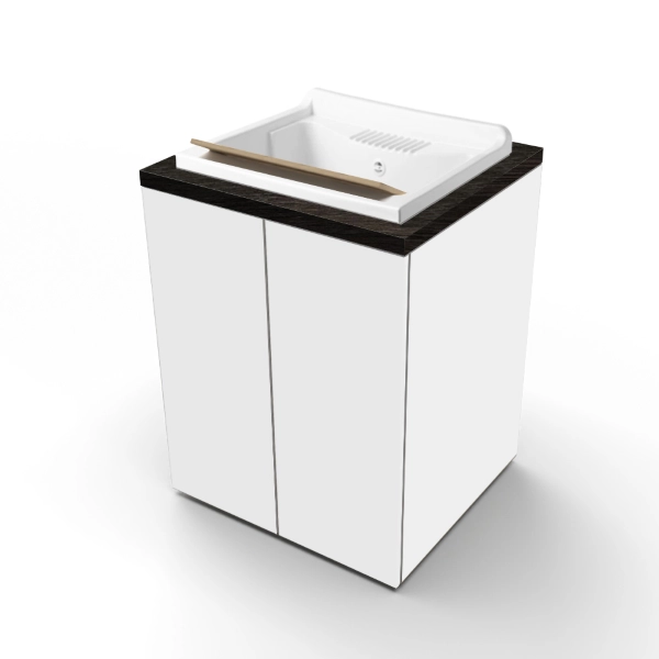 Meuble Lavoir en Bois à 2 Portes 71x65h cm avec Vasque en Résine – Blanc/Café
