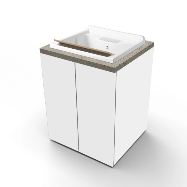 Meuble Lavoir en Bois à 2 Portes 71x65h cm avec Vasque en Résine – Blanc/Pierre